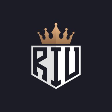Crown 'lu lüks RIU logosu. Seçkin Markalar için Zarif Baş harfler RIU Harf Logosu. Yüksek Kalite İşletmeler İçin RIU Monogramı