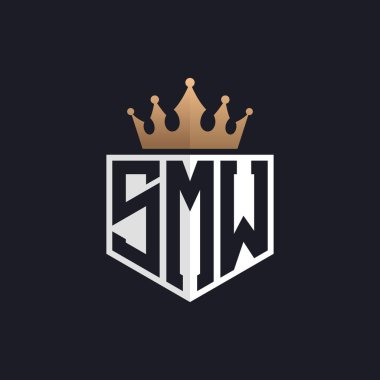 Crown 'lu lüks SMW logosu. Seçkin Markalar için Zarif Baş harfler SMW Harf Logosu. Üst Düzey İşletmeler için SMW Monogramı