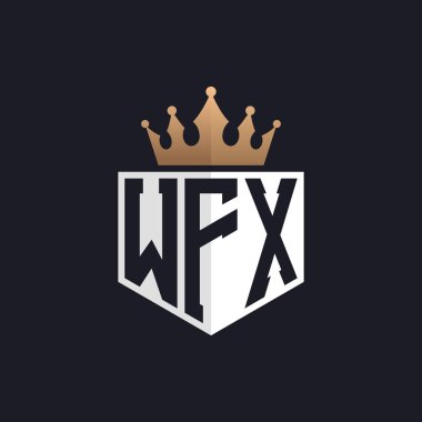 Crown 'la lüks WFX logosu. Seçkin Markalar İçin Zarif Baş harfler WFX Harf Logosu. Üst Düzey İşletmeler için WFX Monogramı