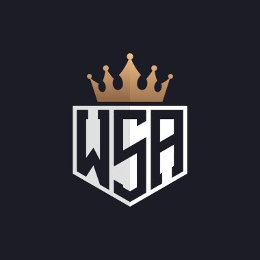 Crown 'lu lüks WSA Logosu. Özel Markalar için WSA Harf Logosu Zarif Baş harfleri. Üst Düzey İşletmeler için WSA Monogramı