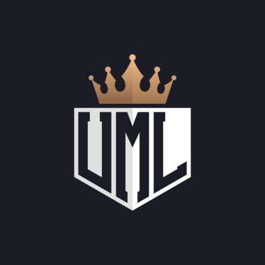 Crown 'lu lüks UML logosu. Seçkin Markalar için Zarif Baş harfler UML Harf Logosu. Üst Düzey İşletmeler için UML Monogramı