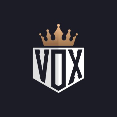 Crown 'lu lüks VOX logosu. Seçkin Markalar için Seçkin Baş harfler VOX Harf Logosu. Üst Düzey İşletmeler için VoX Monogramı