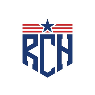 Patriotic RCH Logo with Star and American Flag Straps. Letter RCH Logo with USA Flag clipart