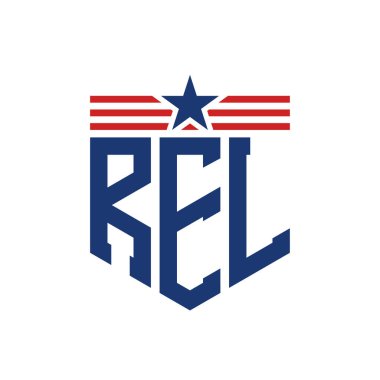 Yıldız ve Amerikan Bayrak Kayışlı Yurtsever REL logosu. USA Flag ile Harf REL Logosu