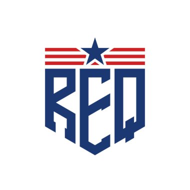 Patriotic REQ Logo with Star and American Flag Straps. Letter REQ Logo with USA Flag clipart