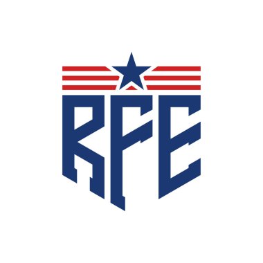 Patriotic RFE Logo with Star and American Flag Straps. Letter RFE Logo with USA Flag clipart