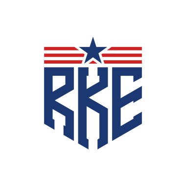 Patriotic RKE Logo with Star and American Flag Straps. Letter RKE Logo with USA Flag clipart