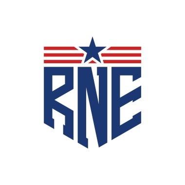 Patriotic RNE Logo with Star and American Flag Straps. Letter RNE Logo with USA Flag clipart