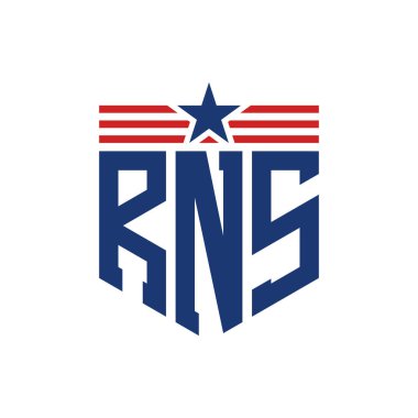 Patriotic RNS Logo with Star and American Flag Straps. Letter RNS Logo with USA Flag clipart