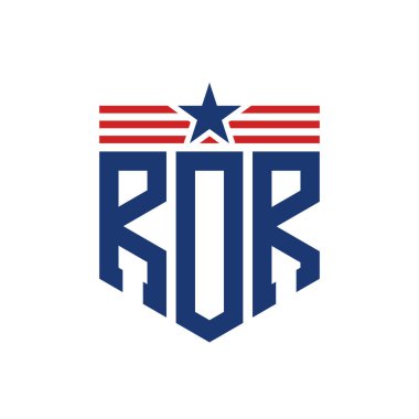 Patriotic ROR Logo with Star and American Flag Straps. Letter ROR Logo with USA Flag clipart