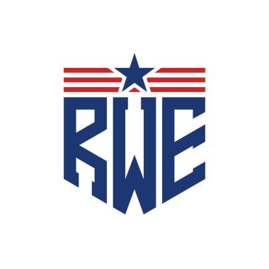 Patriotic RWE Logo with Star and American Flag Straps. Letter RWE Logo with USA Flag clipart