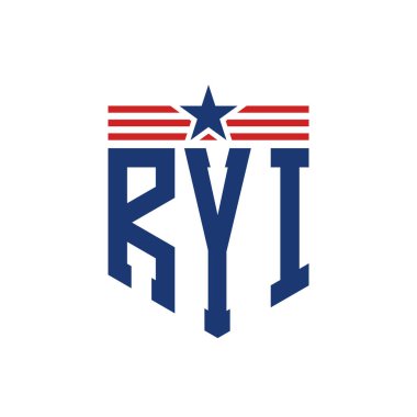 Patriotic RYI Logo with Star and American Flag Straps. Letter RYI Logo with USA Flag clipart