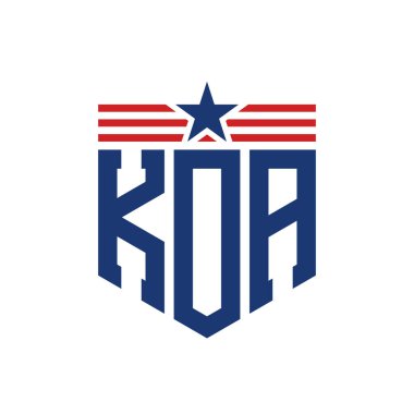 Patriotic KOA Logo with Star and American Flag Straps. Letter KOA Logo with USA Flag clipart