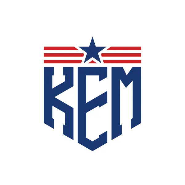 stock vector Patriotic KEM Logo with Star and American Flag Straps. Letter KEM Logo with USA Flag