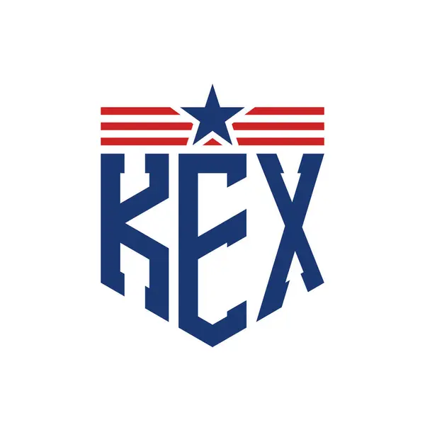 stock vector Patriotic KEX Logo with Star and American Flag Straps. Letter KEX Logo with USA Flag