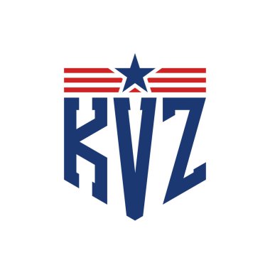 Patriotic KVZ Logo with Star and American Flag Straps. Letter KVZ Logo with USA Flag clipart