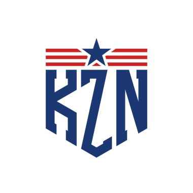 Patriotic KZN Logo with Star and American Flag Straps. Letter KZN Logo with USA Flag clipart