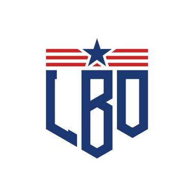 Patriotic LBO Logo with Star and American Flag Straps. Letter LBO Logo with USA Flag clipart