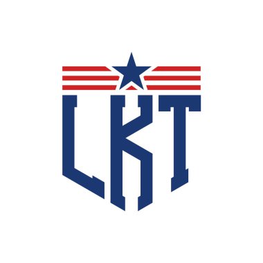 Patriotic LKT Logo with Star and American Flag Straps. Letter LKT Logo with USA Flag clipart