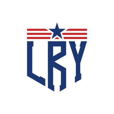 Patriotic LRY Logo with Star and American Flag Straps. Letter LRY Logo with USA Flag clipart