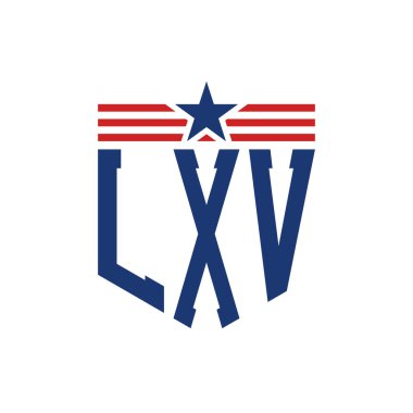 Patriotic LXV Logo with Star and American Flag Straps. Letter LXV Logo with USA Flag clipart