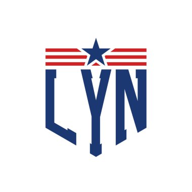 Patriotic LYN Logo with Star and American Flag Straps. Letter LYN Logo with USA Flag clipart