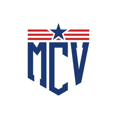 Patriotic MCV Logo with Star and American Flag Straps. Letter MCV Logo with USA Flag clipart