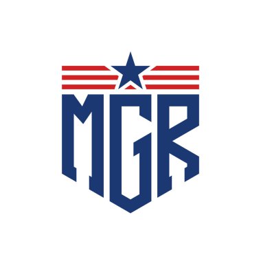 Patriotic MGR Logo with Star and American Flag Straps. Letter MGR Logo with USA Flag clipart