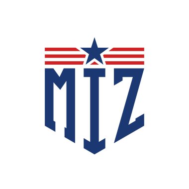 Patriotic MIZ Logo with Star and American Flag Straps. Letter MIZ Logo with USA Flag clipart