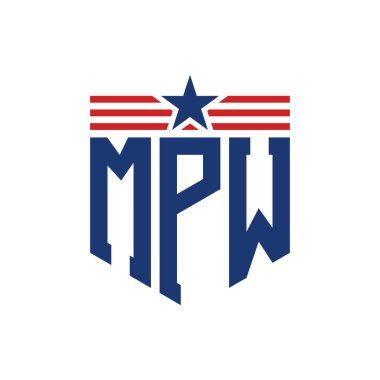 Yıldız ve Amerikan Bayrak Kayışlı Yurtsever MPW logosu. MPW ABD Bayrağı Harfi Logosu