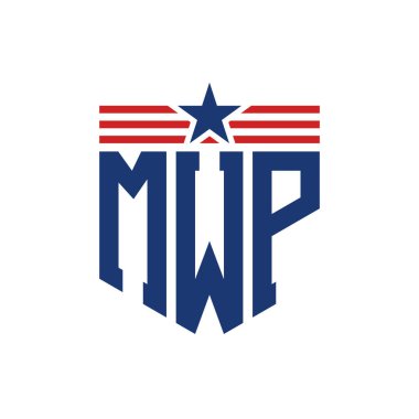 Patriotic MWP Logo with Star and American Flag Straps. Letter MWP Logo with USA Flag clipart