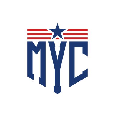 Patriotic MYC Logo with Star and American Flag Straps. Letter MYC Logo with USA Flag clipart