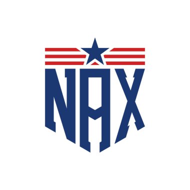 Patriotic NAX Logo with Star and American Flag Straps. Letter NAX Logo with USA Flag clipart