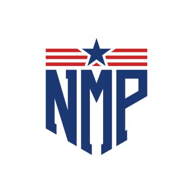 Patriotic NMP Logo with Star and American Flag Straps. Letter NMP Logo with USA Flag clipart