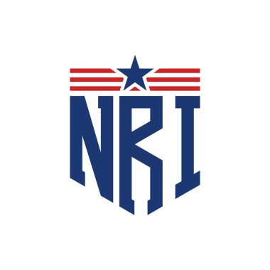 Yıldız ve Amerikan Bayrak Kayışlı Vatansever NRI logosu. ABD Bayrağı ile NRI Mektubu