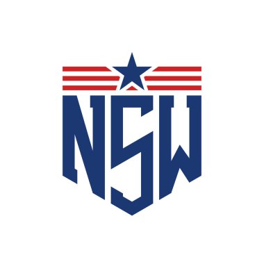 Yıldız ve Amerikan Bayrak Kayışlı Vatansever NSW logosu. ABD Bayrağı ile NSW Mektubu