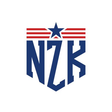 Yıldız ve Amerikan Bayrak Kayışlı Vatansever NZK logosu. ABD Bayrağı ile NZK Mektubu