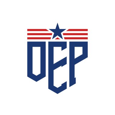 Patriotic OEP Logo with Star and American Flag Straps. Letter OEP Logo with USA Flag clipart