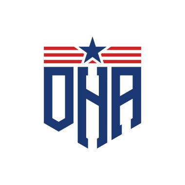 Patriotic OHA Logo with Star and American Flag Straps. Letter OHA Logo with USA Flag clipart