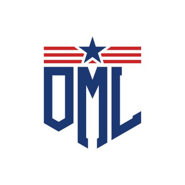 Patriotic OML Logo with Star and American Flag Straps. Letter OML Logo with USA Flag clipart