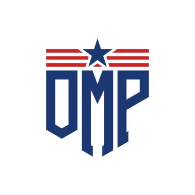 Patriotic OMP Logo with Star and American Flag Straps. Letter OMP Logo with USA Flag clipart