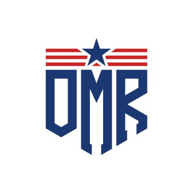 Patriotic OMR Logo with Star and American Flag Straps. Letter OMR Logo with USA Flag clipart