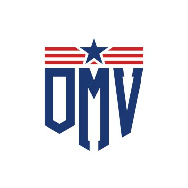 Patriotic OMV Logo with Star and American Flag Straps. Letter OMV Logo with USA Flag clipart