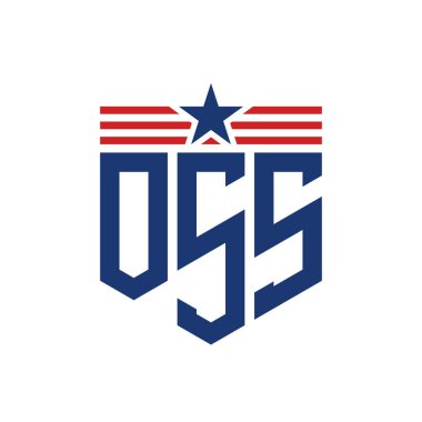 Yıldız ve Amerikan Bayrak Kayışlı Vatansever OSS logosu. ABD Bayrağı ile Harf OSS logosu