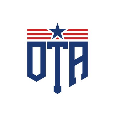 Patriotic OTA Logo with Star and American Flag Straps. Letter OTA Logo with USA Flag clipart