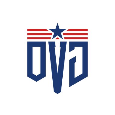 Patriotic OVJ Logo with Star and American Flag Straps. Letter OVJ Logo with USA Flag clipart