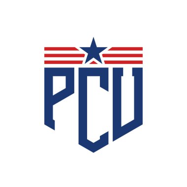 Patriotic PCU Logo with Star and American Flag Straps. Letter PCU Logo with USA Flag clipart