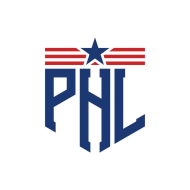 Patriotic PHL Logo with Star and American Flag Straps. Letter PHL Logo with USA Flag clipart