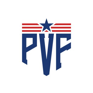 Patriotic PVF Logo with Star and American Flag Straps. Letter PVF Logo with USA Flag clipart