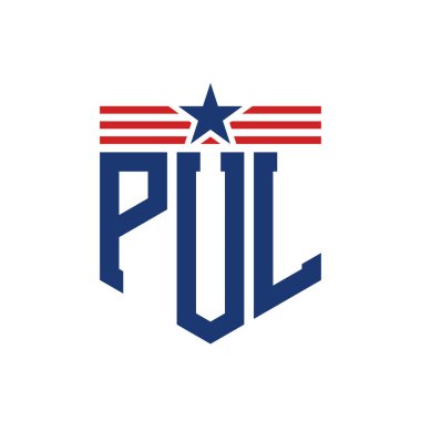 Patriotic PUL Logo with Star and American Flag Straps. Letter PUL Logo with USA Flag clipart